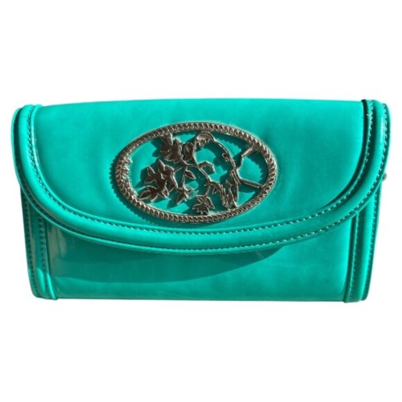 Melie Bianco Patent Gloss Clutch Aqua Green Metal Strap - Picture 1 of 12